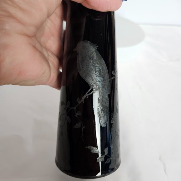 Czechoslovakian Pottery Vase Black Hand-Etched Bird Motif Gloss Finish 6.5"t - Picture 7 of 16